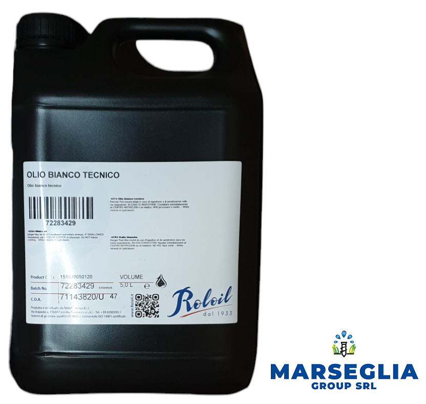 Contenitore nero di olio tecnico bianco con etichetta e logo Marsiglia Group SRL.