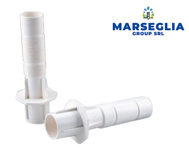 Due raccordi idraulici in plastica bianca con flange, uno verticale, uno orizzontale; logo 