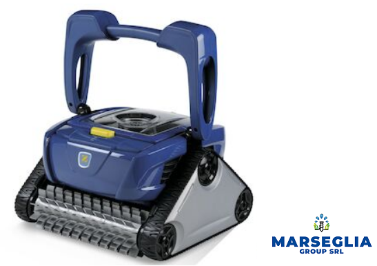 Robot pulitore per piscine blu e grigio con maniglia e cingoli.