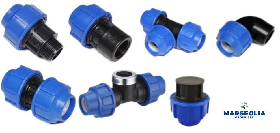 Raccordi per tubi in plastica blu e nera.