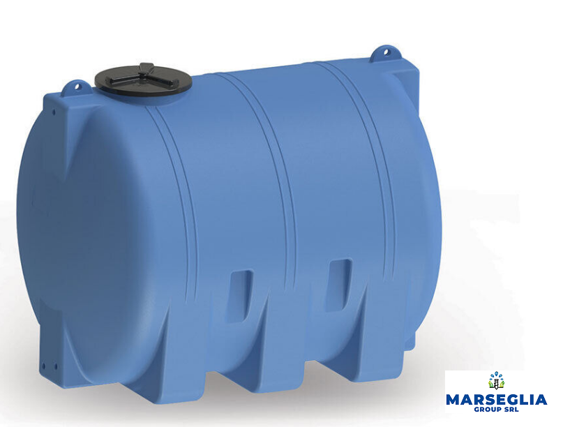 Serbatoio rettangolare in plastica blu con coperchio e supporti neri.