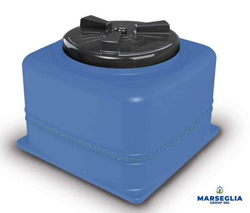 Serbatoio d'acqua quadrato blu con coperchio nero, prodotto da Marseglia Group.