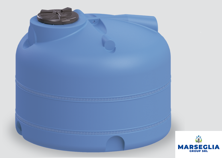 Serbatoio d'acqua cilindrico blu con coperchio nero, su uno sfondo grigio chiaro.