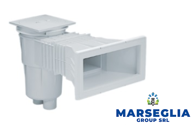 Skimmer per piscina bianco con apertura quadrata e impianto idraulico collegato.