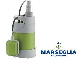 Pompa sommersa verde e grigia con galleggiante, accanto al logo 