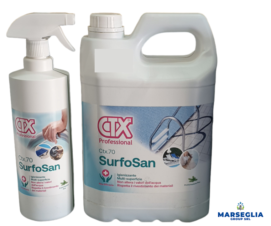 Due bottiglie bianche di disinfettante CTX SurfoSan: flacone spray e tanica da un gallone.