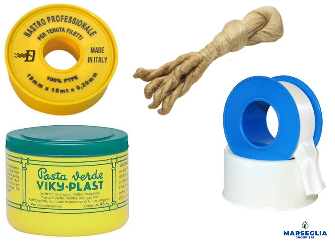 Materiale idraulico: nastro in PTFE, spago di canapa, pasta sigillante e nastro in Teflon.