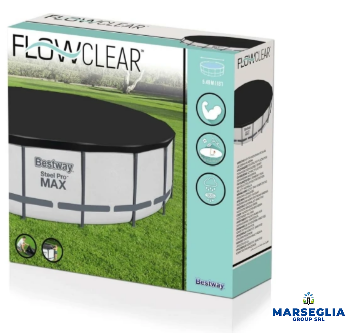 Scatola per copertura per piscina fuori terra Bestway Steel Pro Max, design bianco e nero.