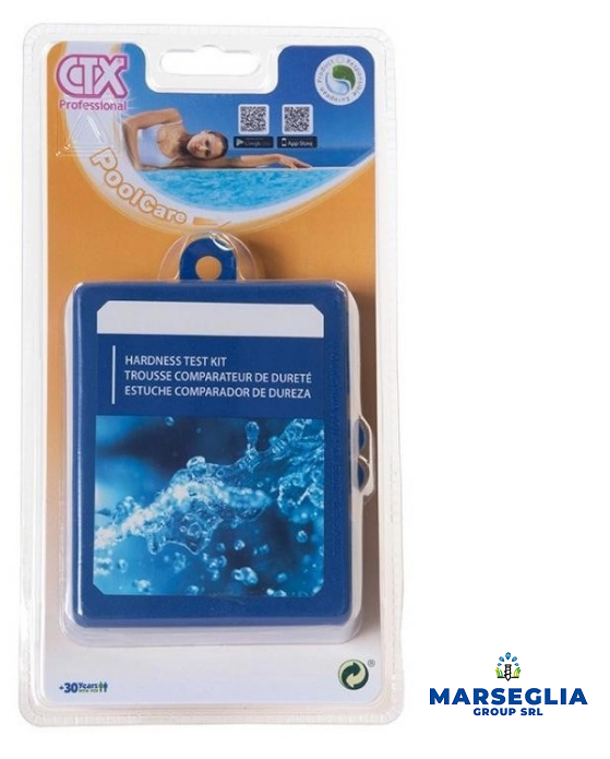 Kit per il test della durezza dell'acqua della piscina in confezione. Colori blu e bianco.