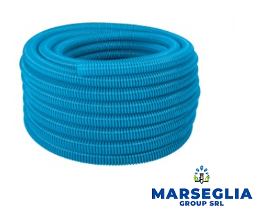 Tubo corrugato blu arrotolato. Logo 