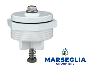 Valvola a galleggiante bianca e grigia con molla e dado, logo MARSEGLIA GROUP SRL a destra.