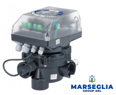 Valvola industriale nera e grigia con parte superiore trasparente e luci verdi. Logo MARSEGLIA GROUP SRL.