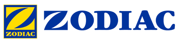 Logo dello Zodiaco: testo e logo blu in un quadrato giallo e blu.