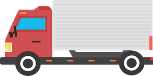 A red truck is driving down the road .