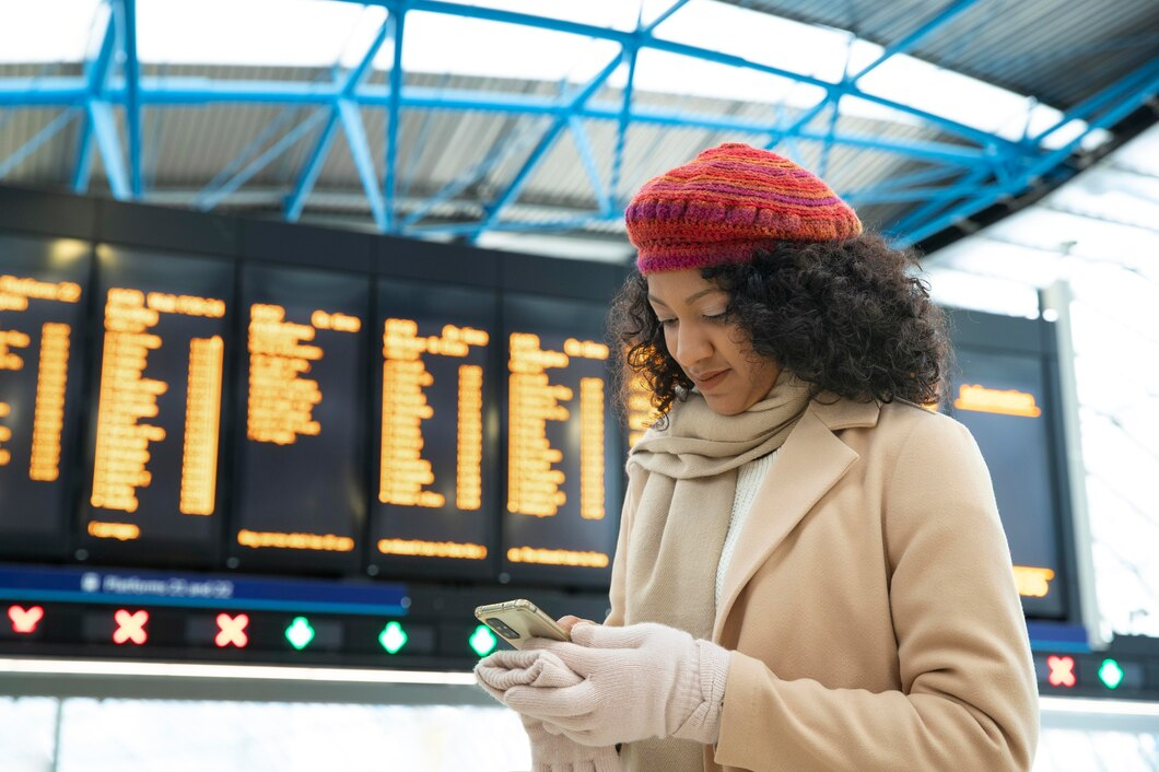 Traveler checking a phone at a train station departure board, wearing a beige coat and red knit hat
