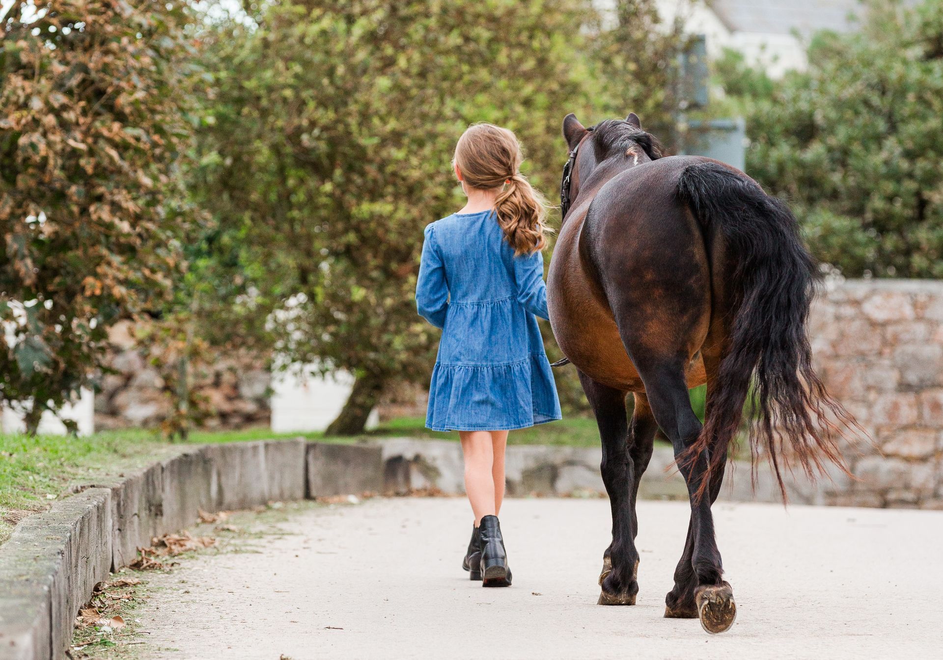 A person in a denim dress walks a dark horse on a path.