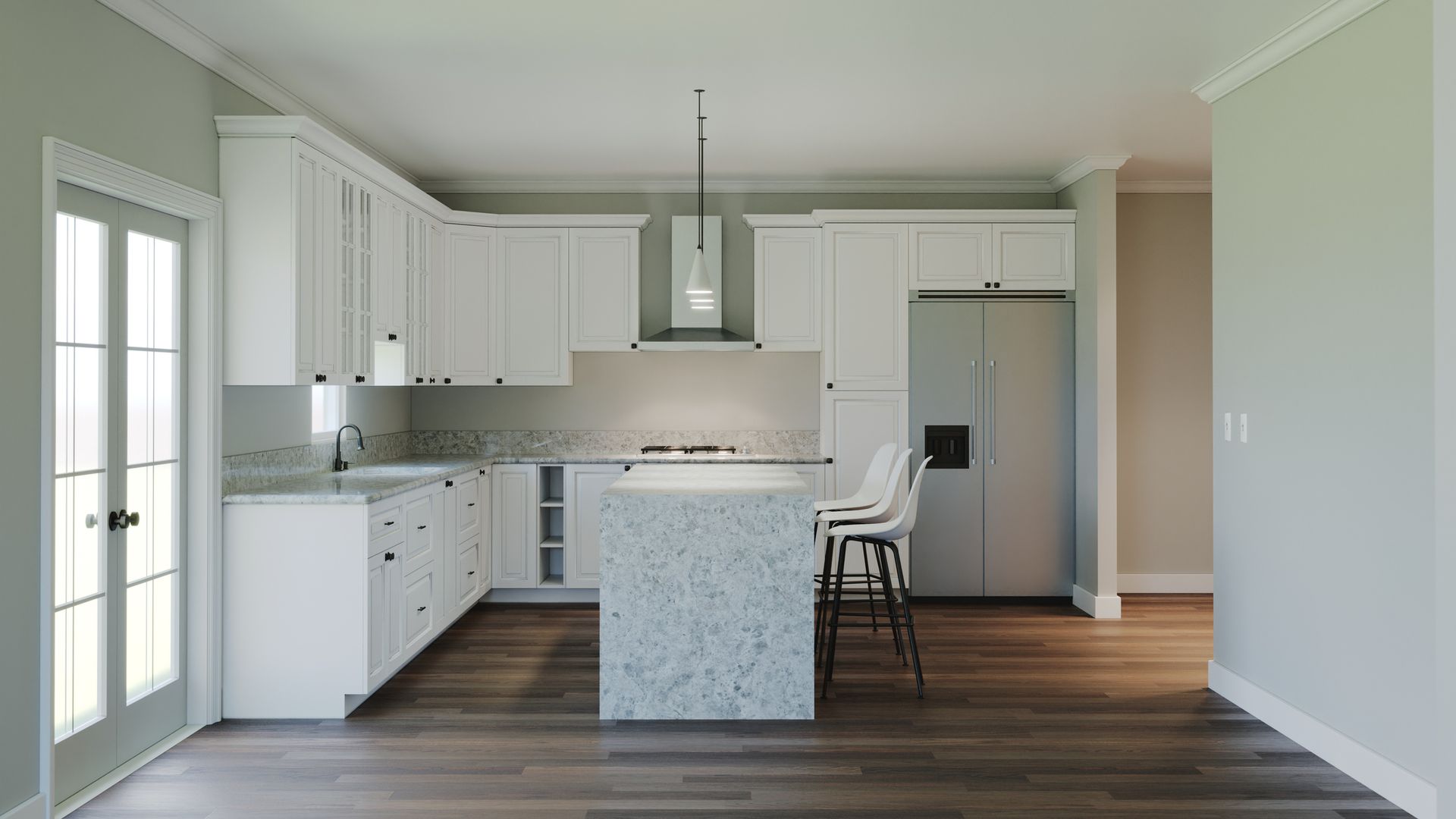 Modern white kitchen with island, stainless steel appliances, and wood floors. Modern white kitchen with island, stainless steel appliances, and wood floors.