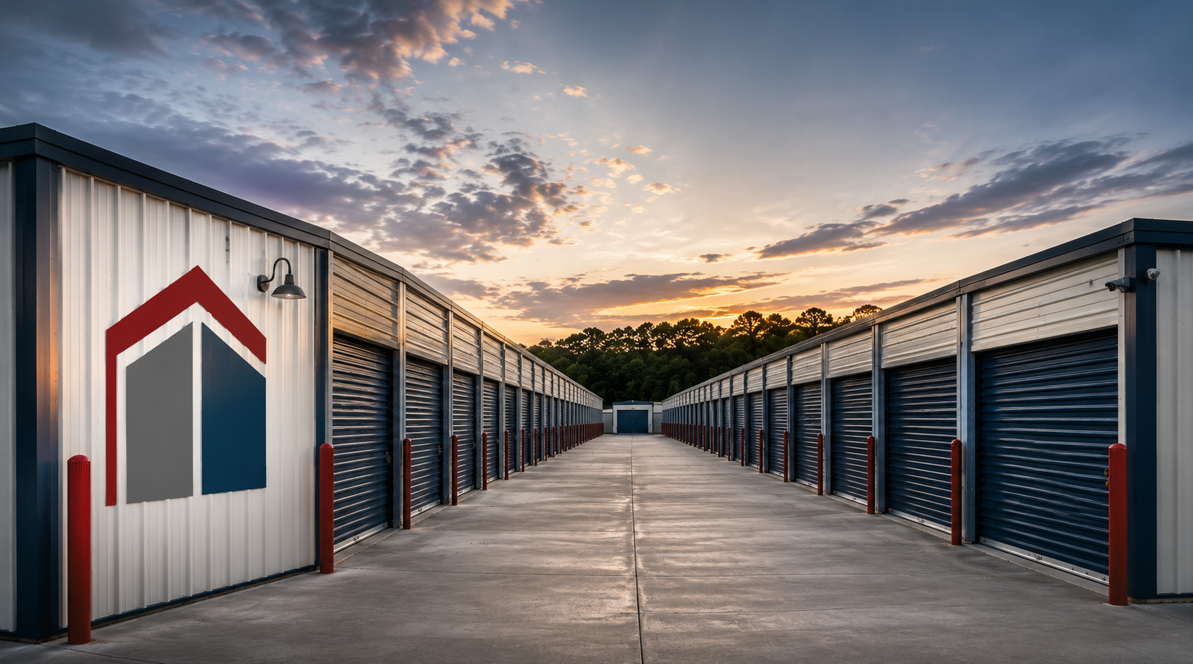 Rows of StorMark storage units beneath a sunset sky
