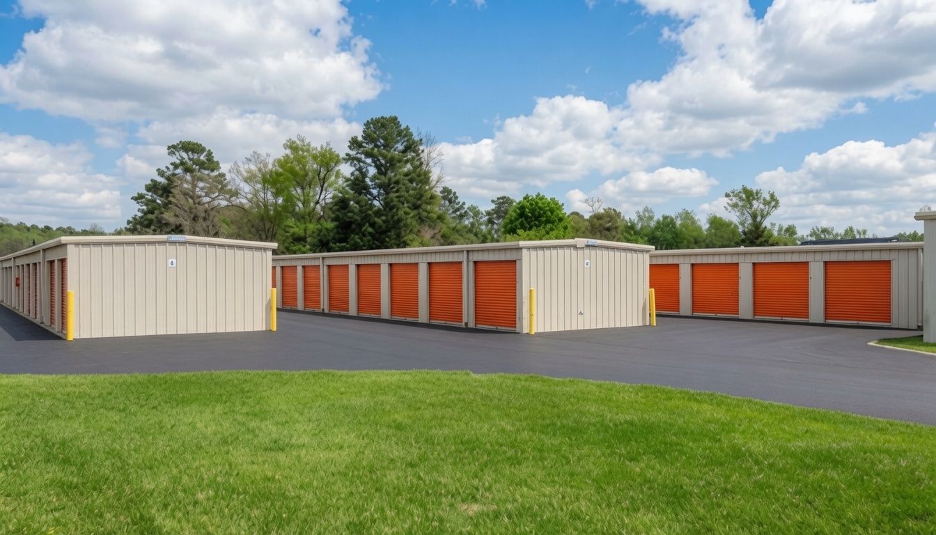 Orange roll-up doors and paved drive aisles at StorMark on Piney Green Road in Jacksonville, North Carolina