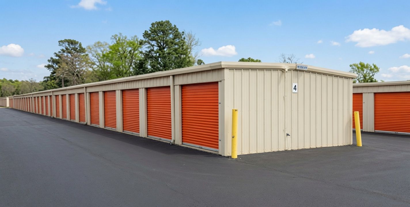 Drive-up storage building with orange roll-up doors at StorMark on Piney Green Road in Jacksonville, NC.
