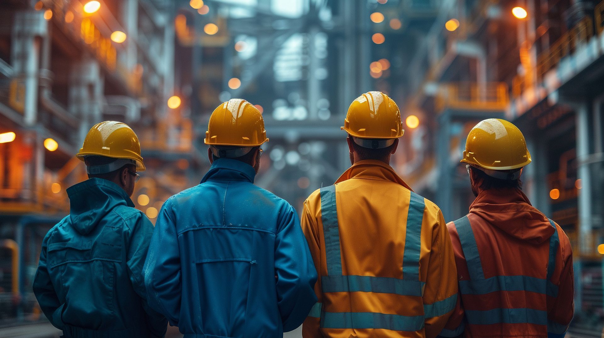 Four industrial workers in hard hats and colorful vests, representing workers' comp attorney.