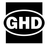 GHD logo in white letters inside a white oval on a black square background