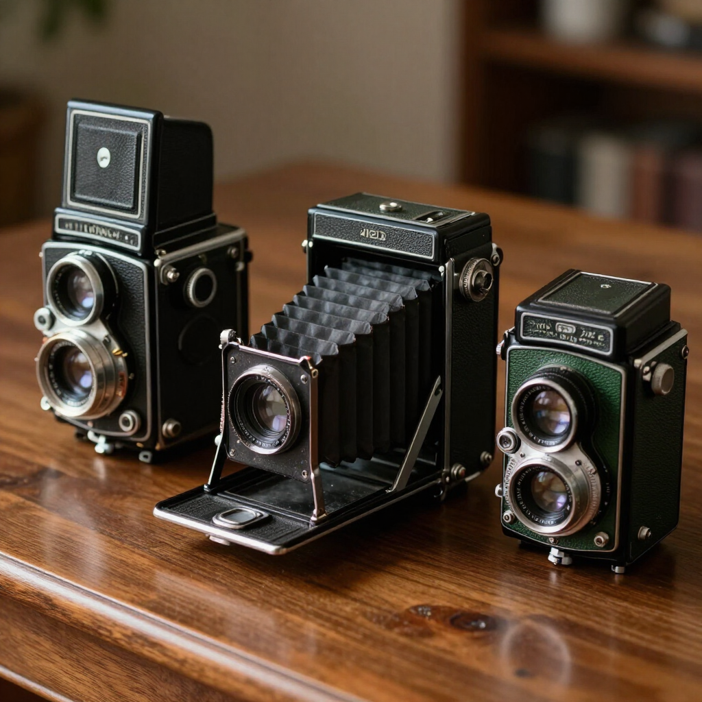 Three vintage folding cameras on a wooden table, black and silver with one bellows open