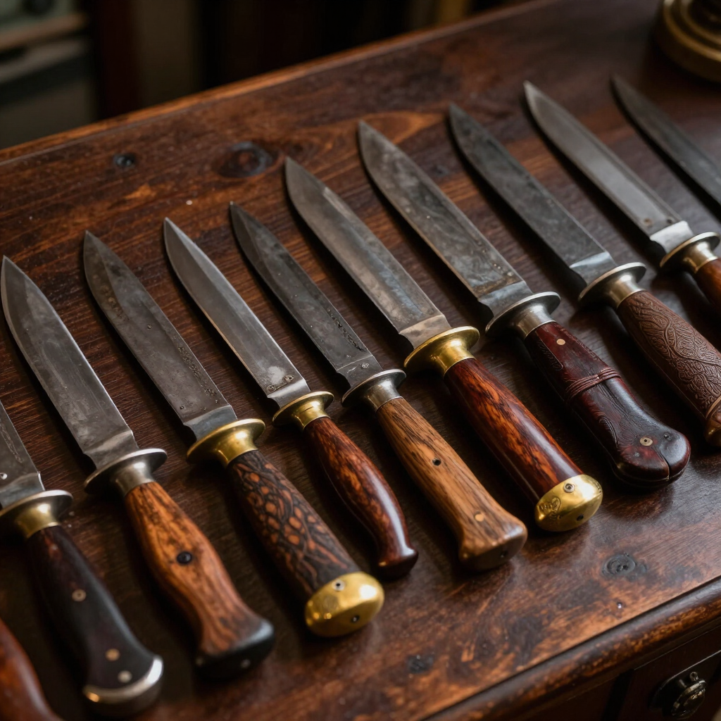 Row of handcrafted knives with wooden handles on a rustic wooden tray