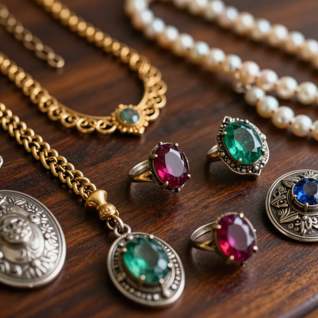 Assorted jeweled rings and necklaces with gold, green, red, and blue stones on a wooden surface
