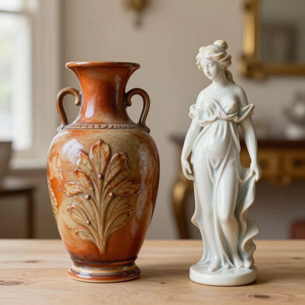 Brown ceramic vase and white classical statuette on a wooden table indoors