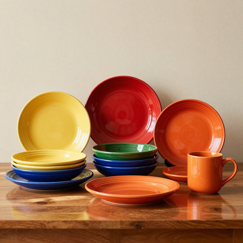 Colorful stacked plates, bowls, and an orange mug arranged on a wooden table