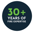 30+ Years of Fire Expertise in white text on a dark blue circle, with “30+” in green