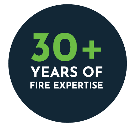 30+ Years of Fire Expertise in white text on a dark blue circle, with “30+” in green