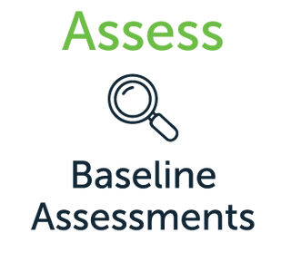 Green “Assess” text with magnifying glass icon above “Baseline Assessments” text.