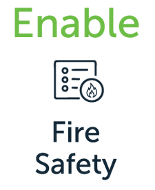 Green text and icon with the words “Enable Fire Safety” on a white background