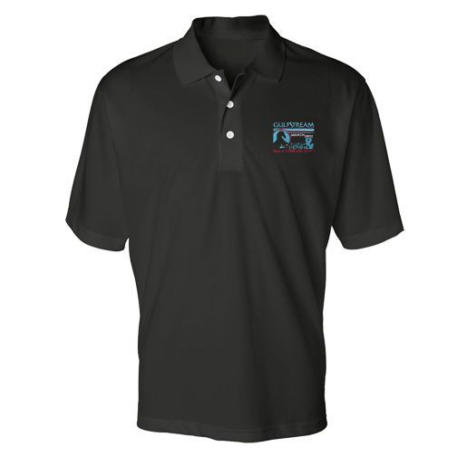 a black polo shirt with a logo on the front .