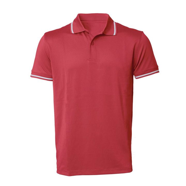 a red polo shirt with white stripes on the sleeves