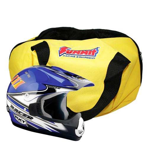 a blue helmet sits next to a yellow summit bag