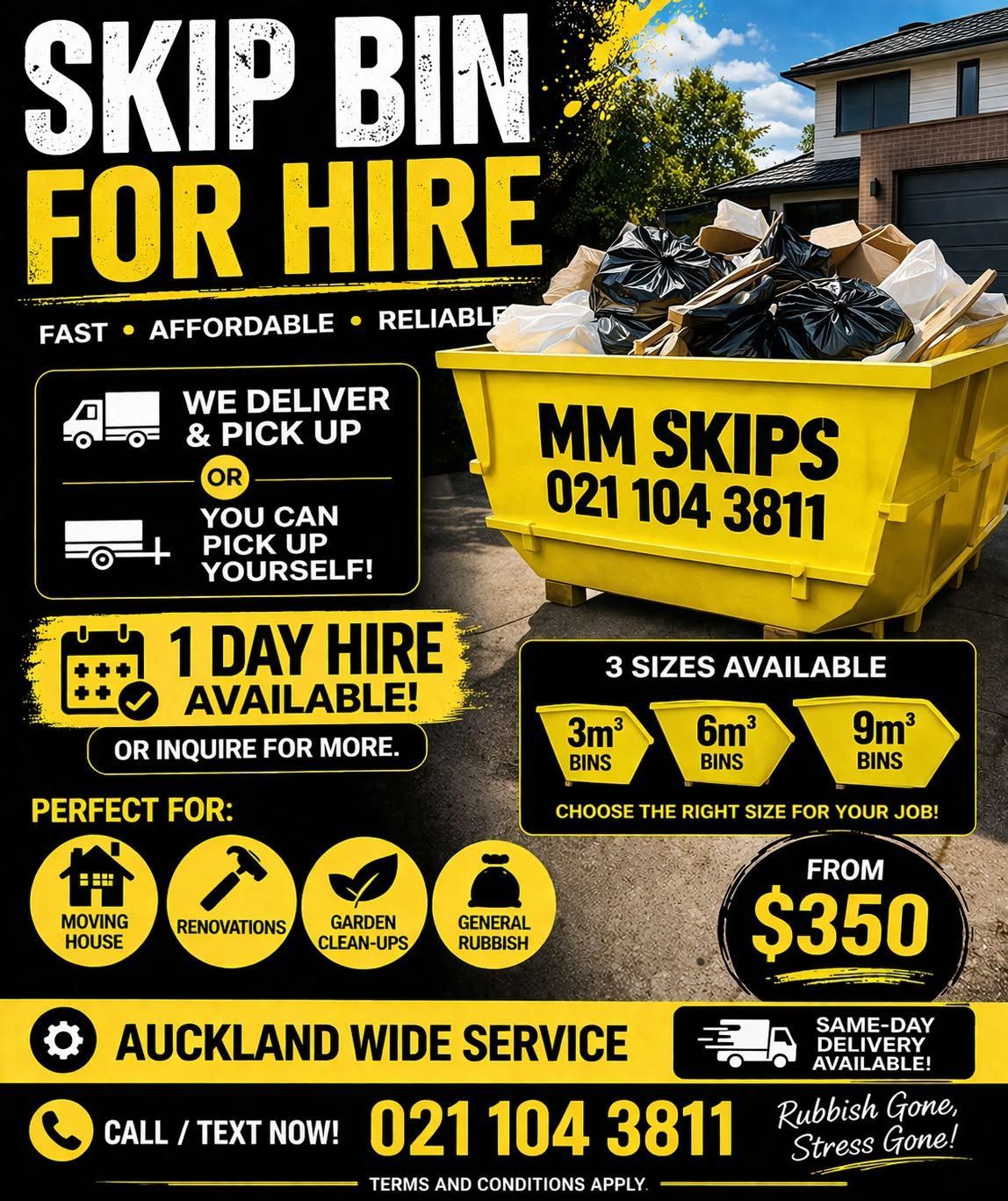 Skip bin hire ad with yellow bin, pricing, sizes, and contact number on black background