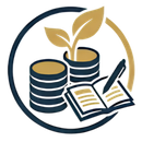Logo with stacked coins, sprouting leaves, and an open book with a pen in navy and gold.