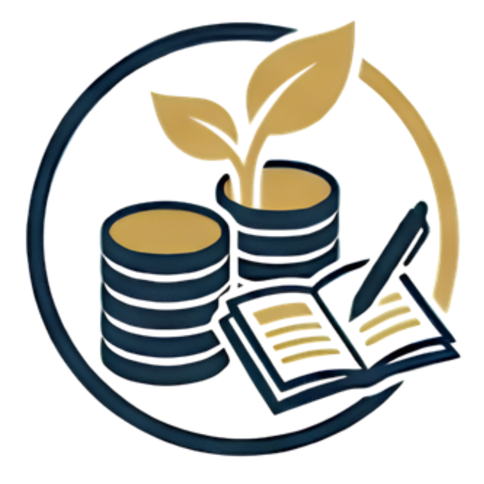 Logo with stacked coins, sprouting leaves, and an open book with a pen in navy and gold.