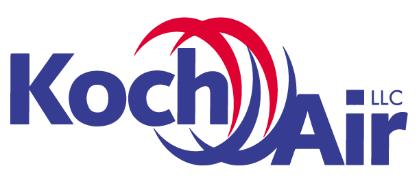 Logo for Koch Air LLC, featuring blue text, red and blue arched designs, and a square with.