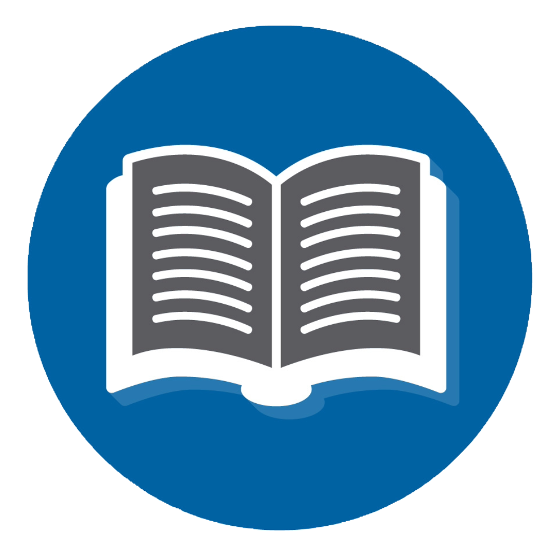 An icon of an open book in a blue circle.