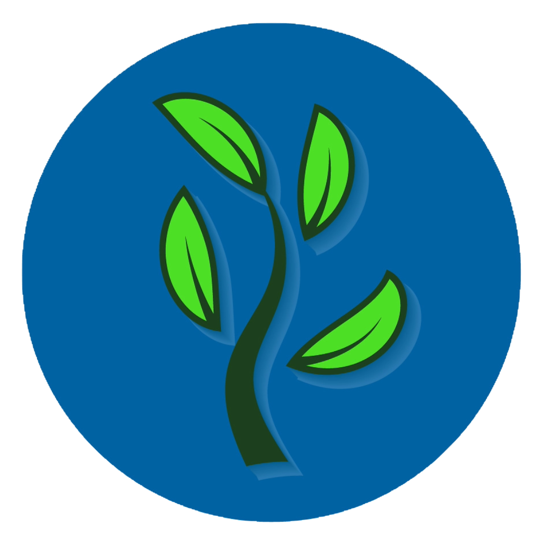 A blue circle with a plant with green leaves on it