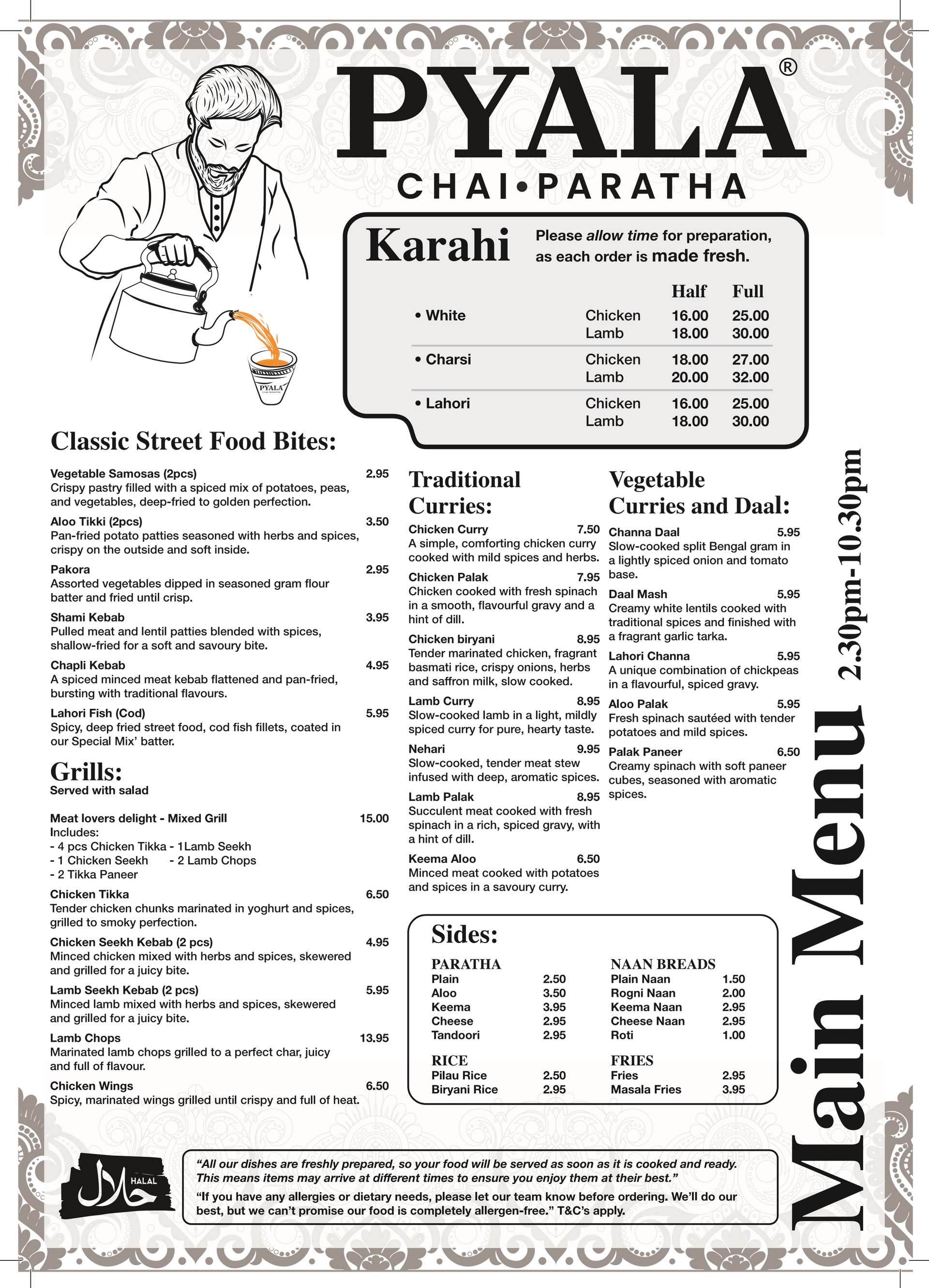 Menu for Pyala Chai-Paratha, featuring food items, pricing along with the Pyala logo.