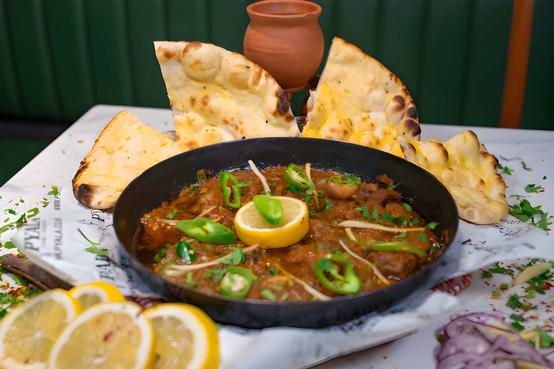 White marble table set with chai, two cakes on plates, and spoons.