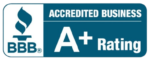 BBB Accredited Business logo, featuring a blue flame symbol and an A+ rating.