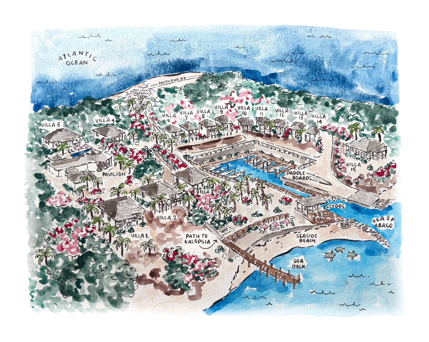 Watercolor aerial view of Kalopsia with buildings, roads, mountains, and blue sea with boats.
