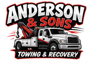 Anderson & Sons towing and recovery logo with a tow truck in black, white, and red