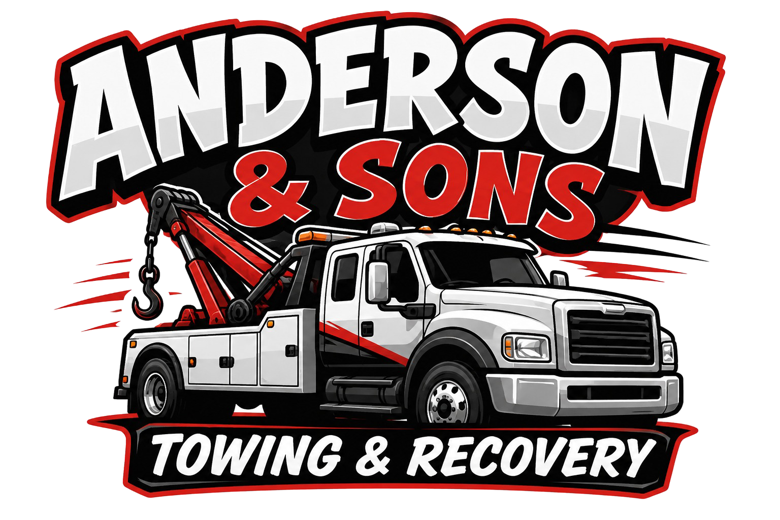 Anderson & Sons towing and recovery logo with a tow truck in black, white, and red